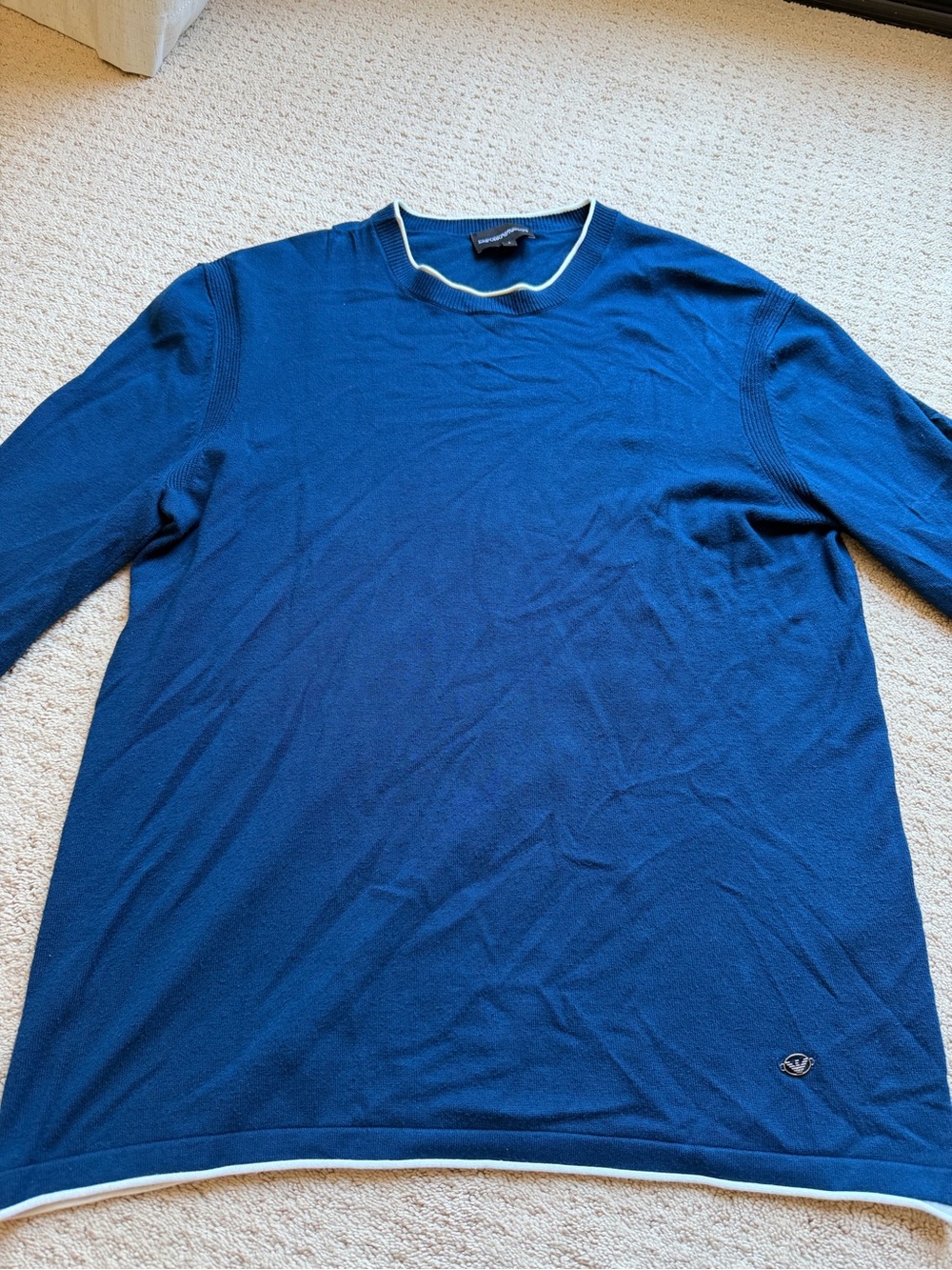 Emporio Armani Men's Blue Crewneck Sweater with White Trim